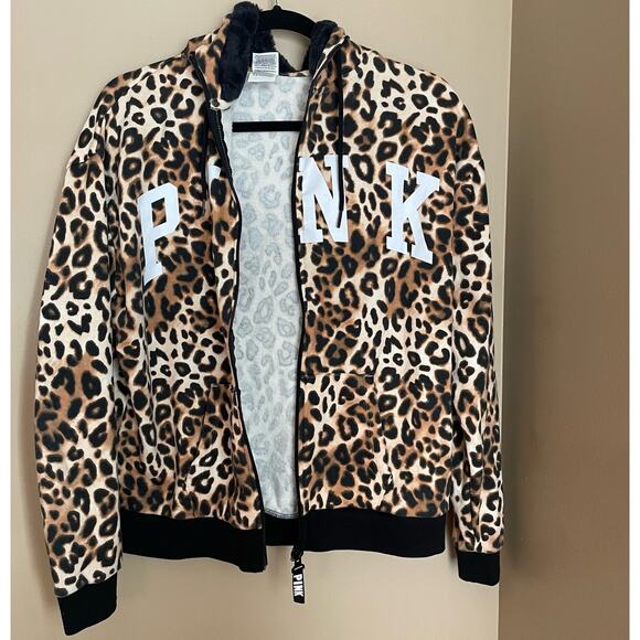 Victoria’s Secret PINK Leopard Print Faux Fur Full Zip Hoodie Women's Medium - Picture 4 of 9